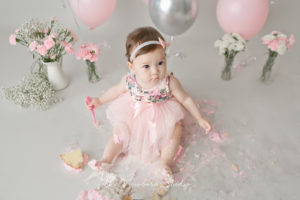pink silver toddler child cake smash 12 months