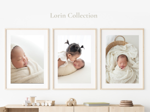 photo frames on a wall showing newborn babies